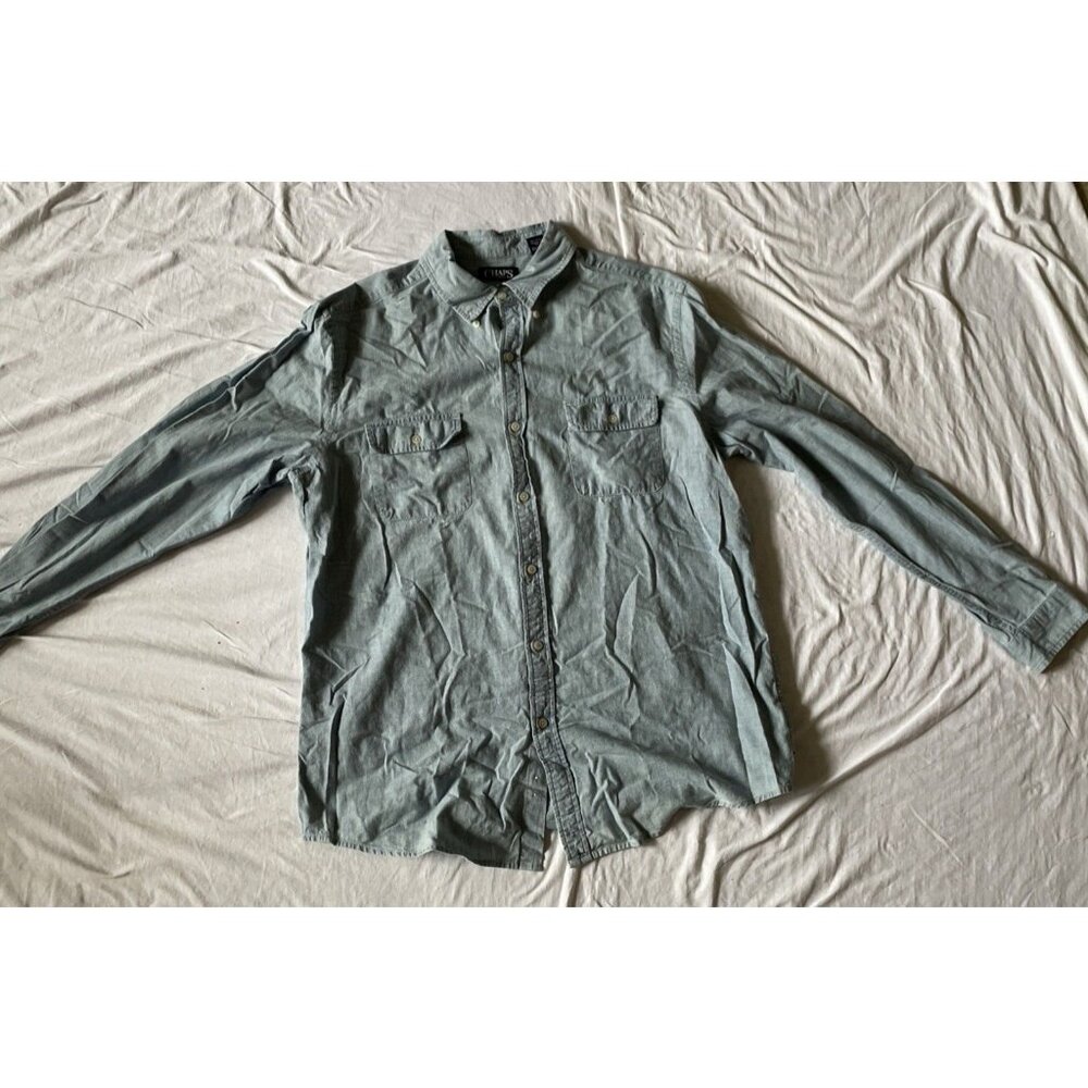 Mens Light Blue Button-Up Shirt L/G 100% Cotton Casual Long Sleeve With Chest Po